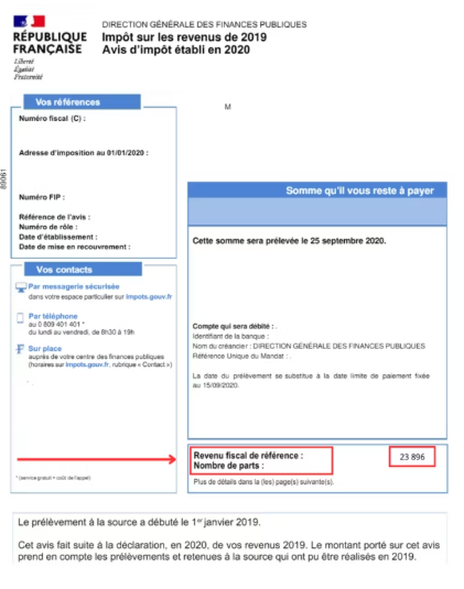 Exemple d'avis d'imposition avec indication du Revenu Fiscal de Référence (RFR)